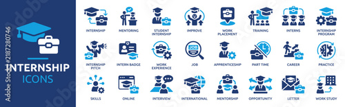 Internship Icon Set. Containing Student Internship, Internship Program, Work Placement, Career, Job, Training, Mentorship and Professional Development Solid Vector Icons Collection