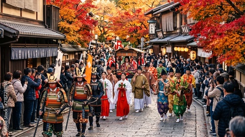 Samurai warriors parade through historic Kyoto during autumn season.