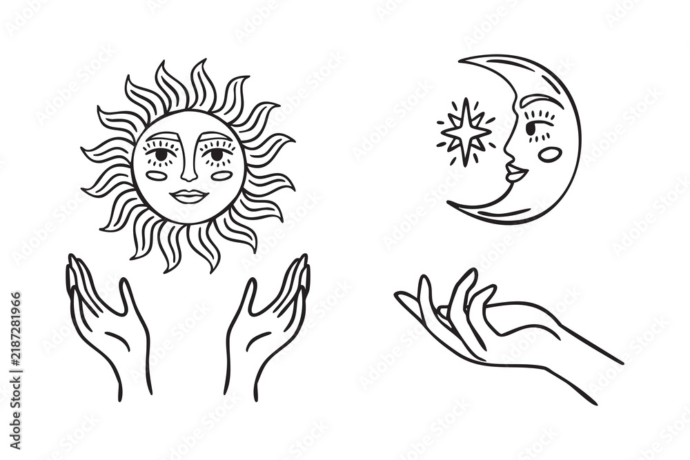 Obraz premium Hands holding sun and hand holding moon, mystical concept, monochrome line art hand drawn style