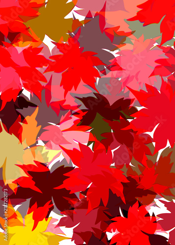 Composição abstrata com folhas estilizadas sobrepostas em tons vibrantes de vermelho, rosa, laranja, amarelo e marrom, criando uma estampa dinâmica e contemporânea.