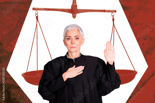 Fotografie Art trend photo collage of serious court old woman show palm hand swear justice