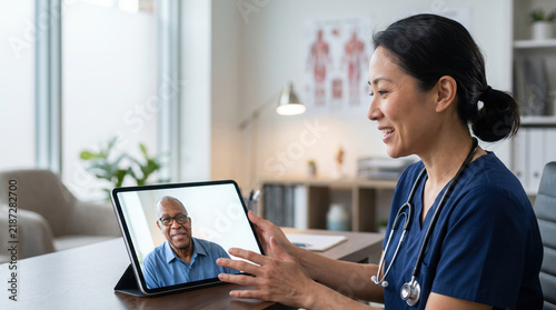 Female healthcare professional telemedicine consultation with senior patient on tablet screen