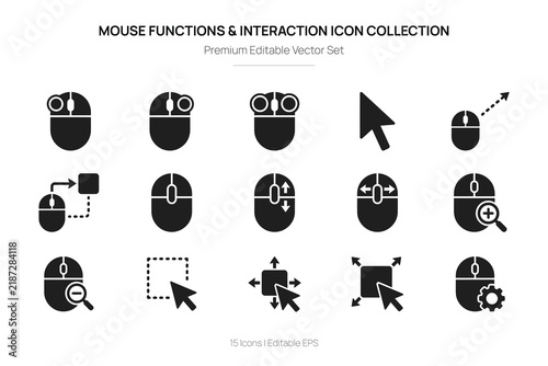 Mouse functions and interaction icons collection in black silhouette style on a white background