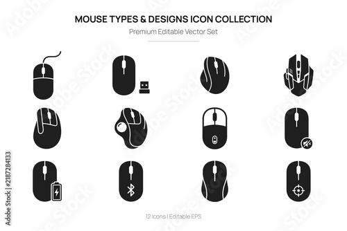 Computer mouse icon collection vector illustration with various designs and features on a white background