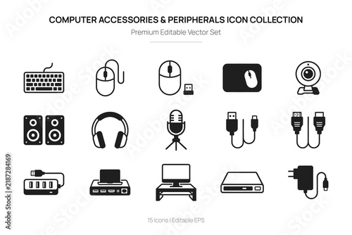 Computer accessories and peripherals flat icons set on a white background