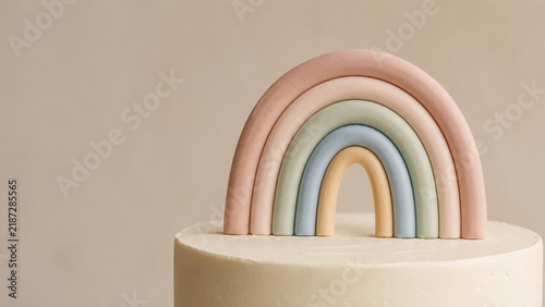 Rainbow cake topper in pastel colors decorates white frosted cake creating cheerful and minimal celebration atmosphere