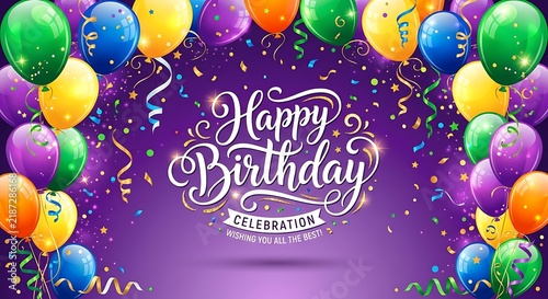 Vibrant purple birthday background decorated with colorful balloons, confetti and streamers featuring a bold celebratory typography design.