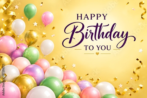 Luxurious gold and pastel birthday background featuring mixed colorful balloons, confetti, golden ribbons and glittering stars.