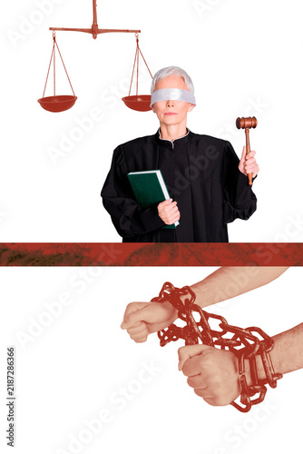 Принти на полотні Trend image vertical collage of old woman taped eyes judge hold hammer book scal