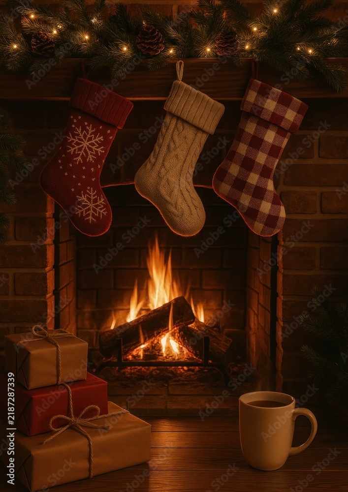 Obraz premium Cozy festive fireplace with stockings.