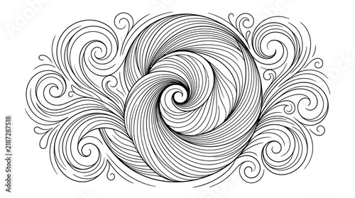 Black and white ornate spiral line art illustration