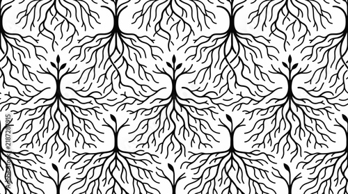 Black and white seamless tree root network pattern.