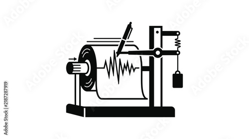 Black and white seismograph machine measuring earthquake waves.