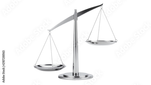 Shiny chrome balance scale with empty pans, isolated on transparent background