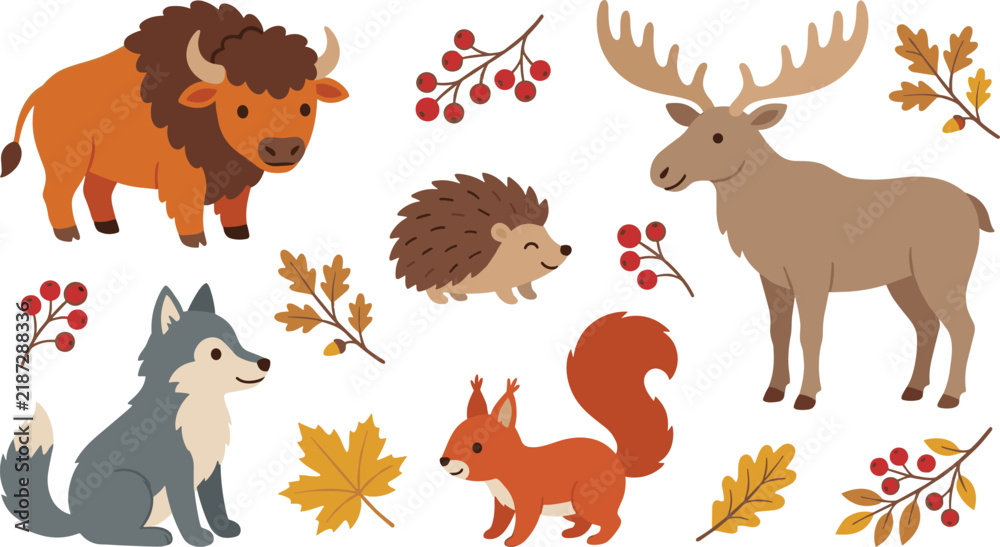 Fototapeta premium Cute Woodland Wildlife Illustration Collection Featuring Bison, Moose, Wolf, Hedgehog, and Squirrel with Autumn Leaves, Branches, and Berries