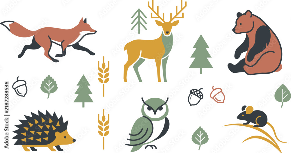 Fototapeta premium Woodland Wildlife Illustration Collection Featuring Fox, Deer, Bear, Hedgehog, Owl, Mouse, Trees, Leaves, Acorns, and Wheat