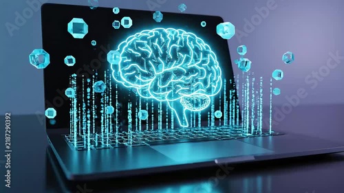 Futuristic Holographic Brain Emerging from Laptop