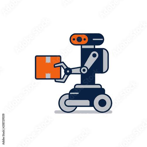 Robotic Arm Holding Cardboard Box Flat Vector Illustration