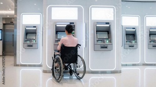 Woman in wheelchair uses ATM. Modern banking offers financial service and cash withdrawal for persons with disabilities. Accessible financial facility.