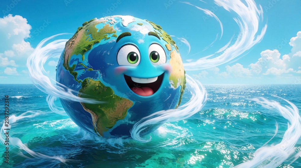 Obraz premium Smiling cartoon Earth floats on bright blue ocean waves under a clear sky. Swirling white clouds or wind wrap around planet. Nature, climate, travel, and fun.