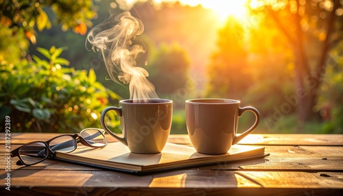 テーブルに並ぶ2つのコーヒーカップと湯気の背景 心の交流や絆を感じさせるコピースペース