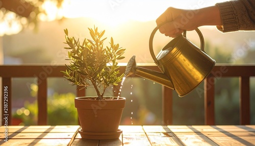 オリーブの木にやさしく水やりをする手元の背景 植物を育てる丁寧な暮らしのコピースペース
