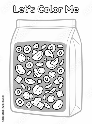 A single-page coloring page featuring fast food and a box of cereal
