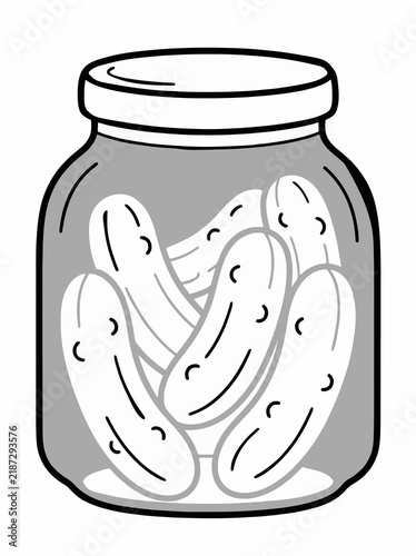 Single-page coloring page featuring fast food and a jar of pickled cucumbers