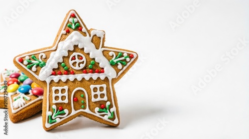 A star-shaped gingerbread cookie decorated like a house with white icing and colorful candies on a white background.