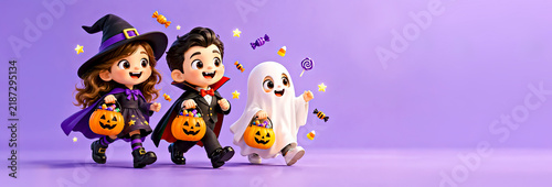 Three Children in Halloween Costumes Carrying Pumpkin Candy Buckets for Trick or Treat on Purple Background