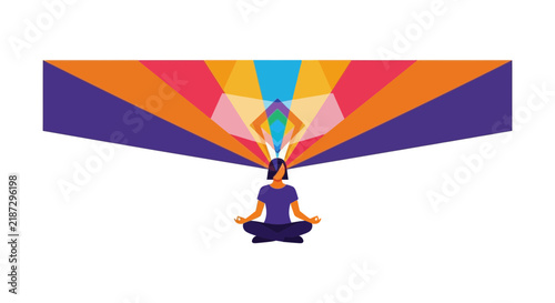 Minimalist Vector Illustration of Woman Meditating with Colorful Geometric Light Rays for Mindfulness and Creativity