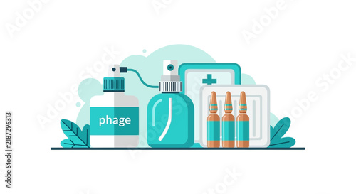 Bacteriophage Therapy Vector Illustration with Spray Bottles, Ampoules, and Medical Supplies