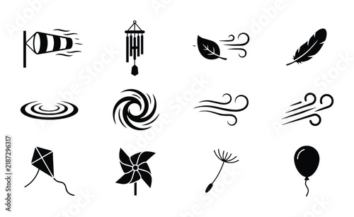 Set of 12 Black and White Vector Icons Representing Wind, Air, and Weather Phenomena, Including a Windsock, Kite, and Feather, Ideal for Meteorology and Nature Graphics