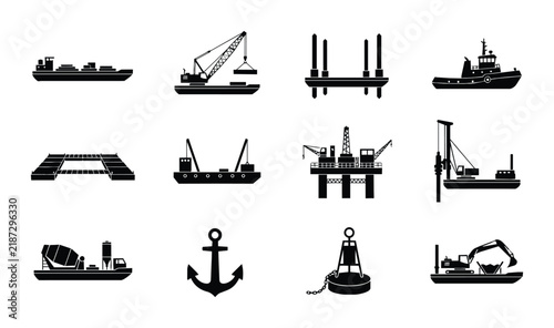Marine Construction Equipment Set, Offshore Industry Vessels, Maritime Engineering Icons, Nautical Tools Collection
