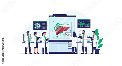 Scientists Analyzing Human Liver Anatomy and Medical Data Laboratory Illustration