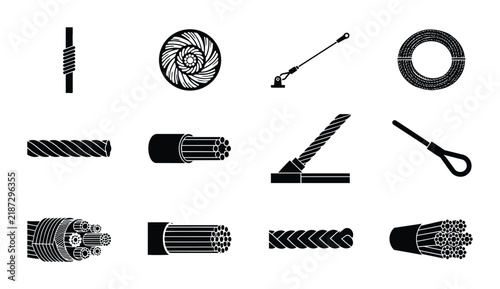 Industrial Cable and Wire Icons Set, Metal Rope and Electrical Cord Vector Graphics, Technical Connection Symbols for Engineering and Manufacturing