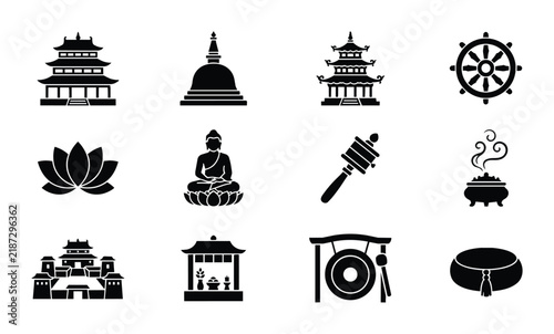Buddhist Icons Collection: Sacred Symbols, Temples, Buddha, Lotus, Dharma Wheel, Prayer Wheel, Incense Burner, Gong, Vector Art