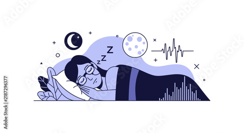 Woman Sleeping with Smart Tech Eyewear and Sleep Cycle Data Visualization Illustration