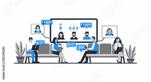 Flat vector illustration of a remote team collaborating digitally via laptops and virtual interfaces.