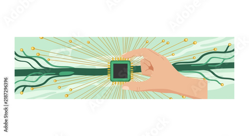 Hand Holding Microchip with Digital Circuitry Background Banner, Green Technology and AI Innovation Illustration