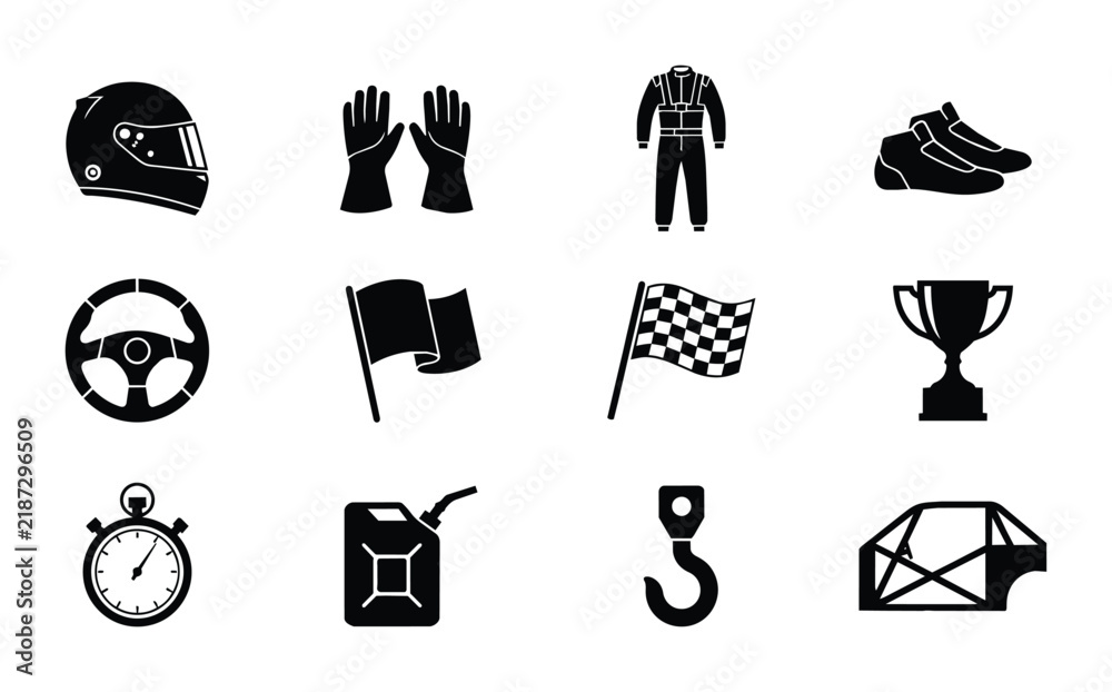 Obraz premium Racing Icons Set: Motorsport Gear, Symbols, and Equipment Vector Graphics for Speed and Competition Themes
