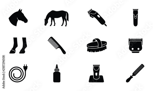 Horse Grooming Tools Vector Icons Set: Clippers, Brushes, Combs, Hooves, and Horse Silhouette for Equestrian Care and Farm Graphics