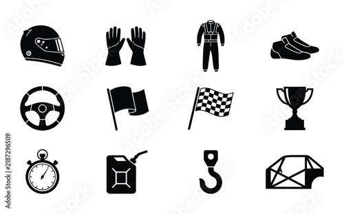 Racing Icons Set: Motorsport Gear, Symbols, and Equipment Vector Graphics for Speed and Competition Themes