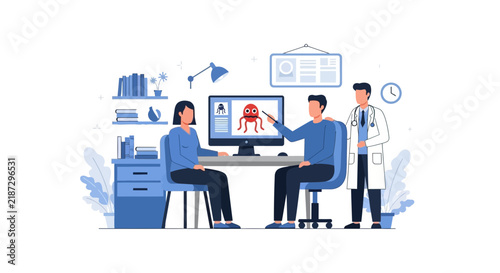 Doctor Explaining Virus Infection to Couple in Clinic, Medical Consultation Illustration for Healthcare and Disease Education