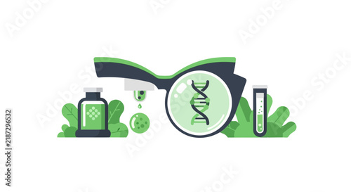 Biotechnology and Genetic Research Flat Vector Illustration with DNA and Lab Equipment
