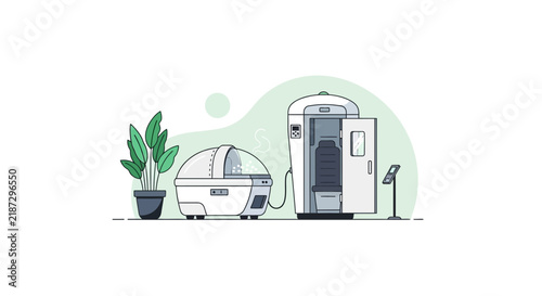 Modern Biohacking and Wellness Equipment Illustration featuring Hyperbaric Oxygen Chamber and Cryotherapy Pod in Minimalist Vector Style