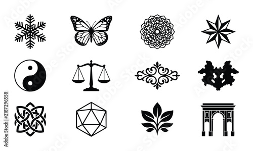 Vector Icon Set: Decorative Ornaments, Symbols, and Geometric Designs. Black and White Graphic Elements for Branding and Illustration.
