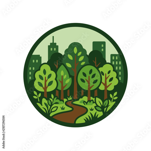 Green City Park with Trees and Path Circle Illustration