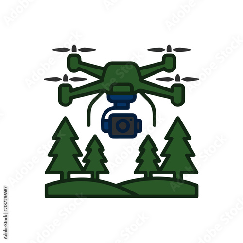 Green Drone with Camera Flying Over Forest Trees