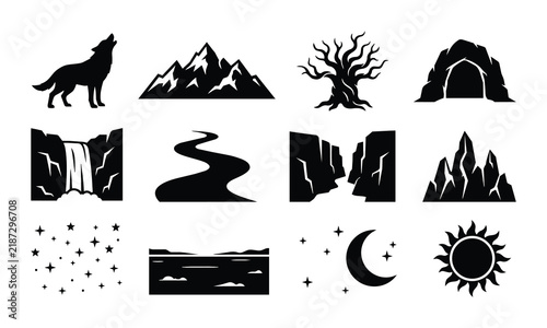 Nature Landscape Icons Set: Wolf, Mountains, Waterfall, River, Cave, Tree, Moon, Sun, Stars, Clouds, Silhouette Graphics for Outdoor Adventure and Wilderness Themes